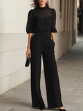VALENTINA | CONJUNTO DE TRES PIEZAS EN COLOR NEGRO, COMPUESTO POR TOP LENCERO TRANSPARENTE Y PANTALONES DE PATA ANCHA